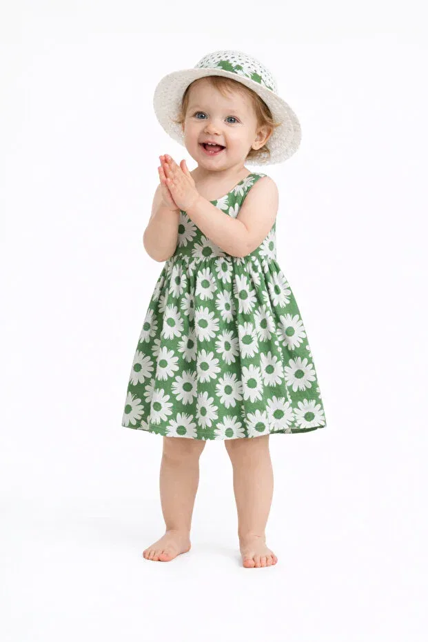 Детское платье для девочек с принтом Sweet Baby Girl Daisy Patterned Style Dress Chicsy Baby, Зеленый — фото 2
