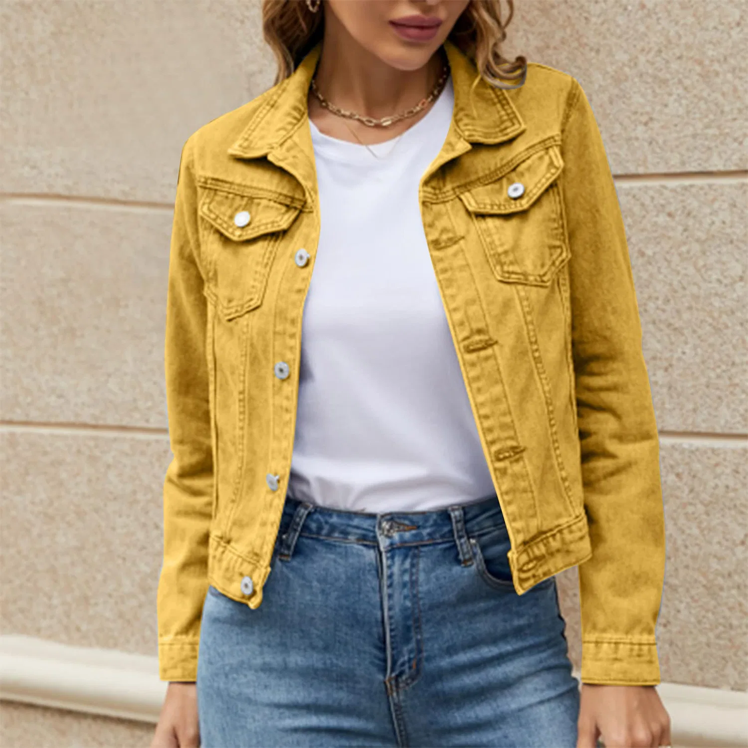 Женское джинсовое демисезонное пальто с карманами, yellow — фото 3