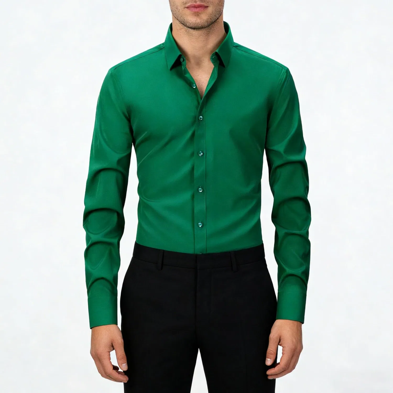 Мужская рубашка с длинным рукавом, современный slim fit, Dark Green — фото 2