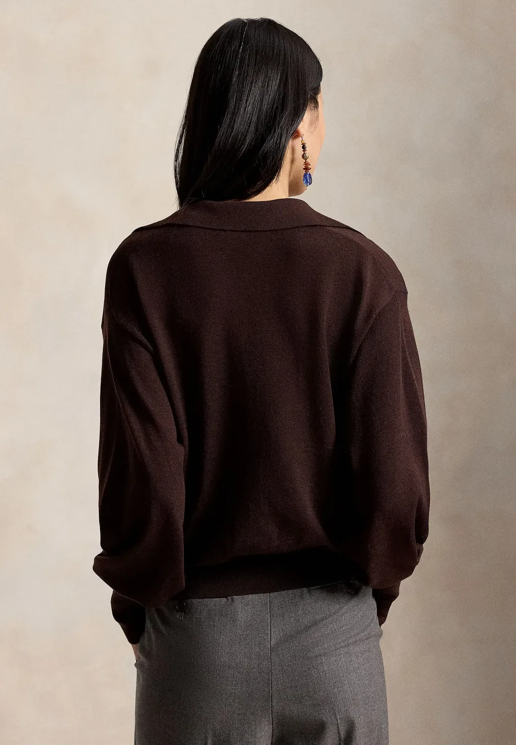 Шерстяной кардиган-блузон с воротником-поло - кардиган Polo Ralph Lauren, Deep Chocolate Melange — фото 3