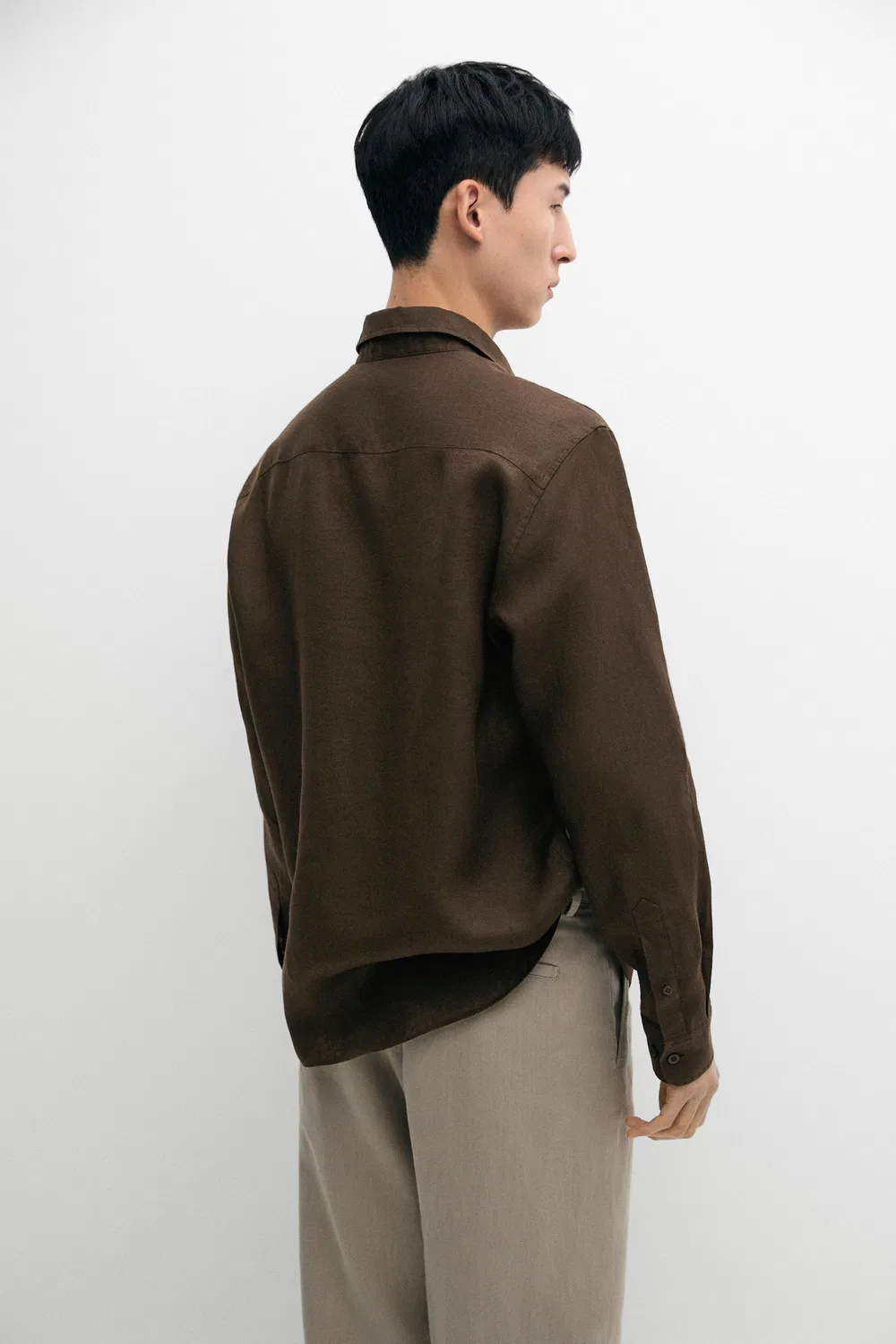 Рубашка приталенного кроя из 100% льна Massimo Dutti, шоколадный — фото 3