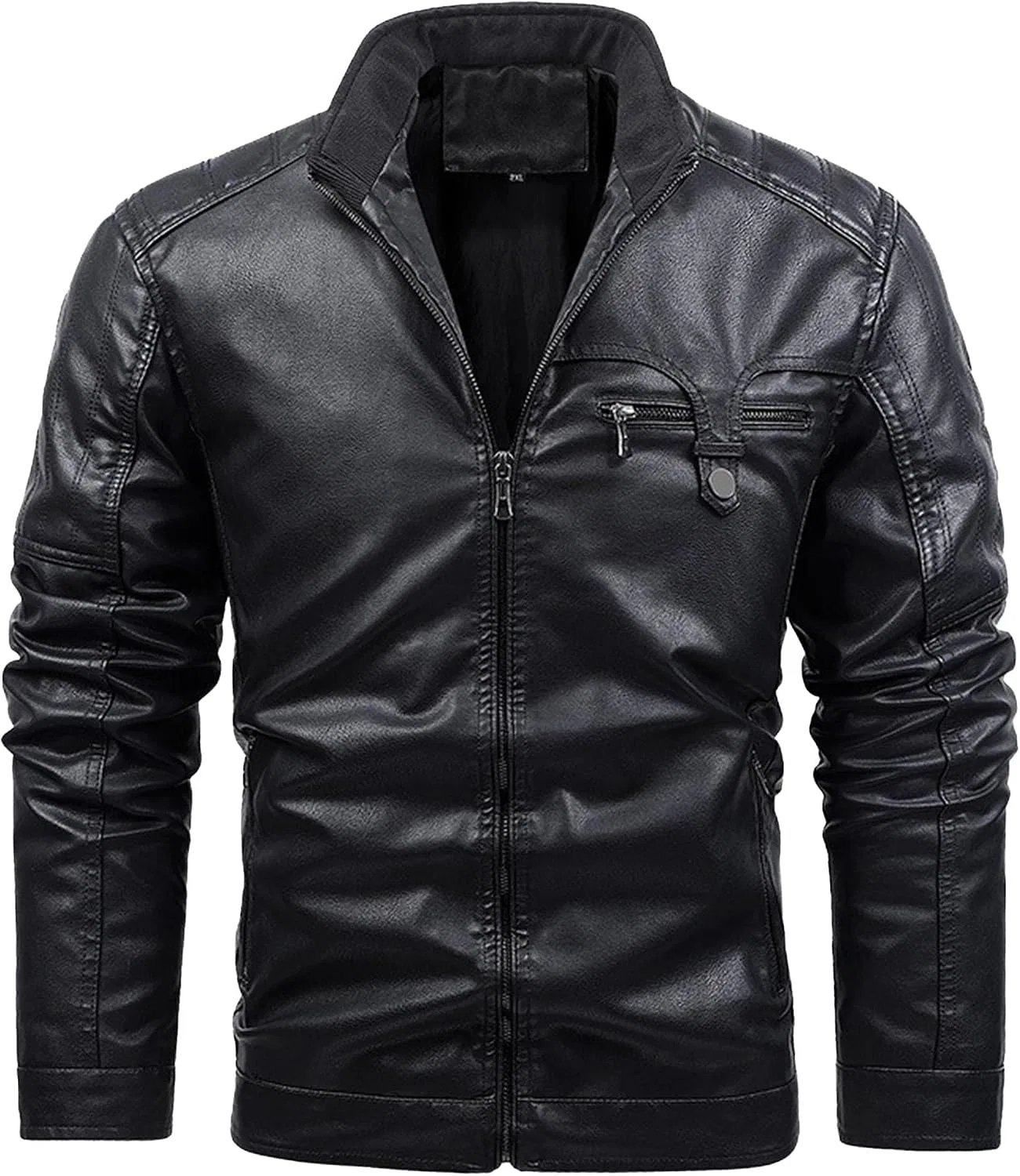 Мужская куртка из экокожи с воротником-стойкой, модель Leather Bomber Jacket With Zip, чёрный