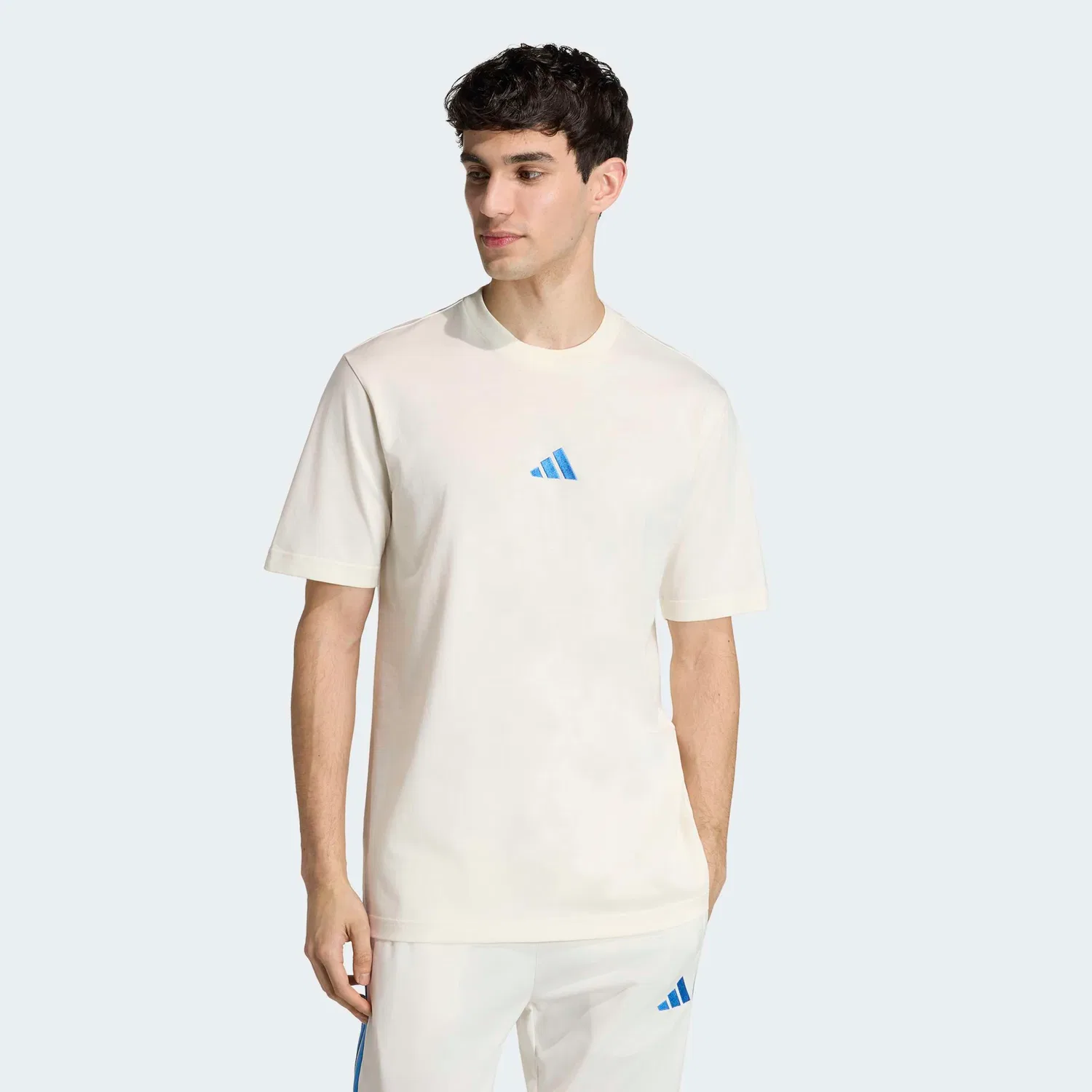 Детская хлопковая трикотажная футболка с 3-полосным логотипом Adidas Sportswear, Off White/Ray Blue