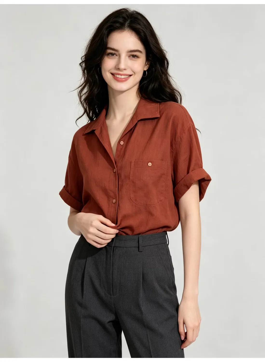 Рубашка с коротким рукавом и подвернутыми манжетами Zara, ржавый — фото 2