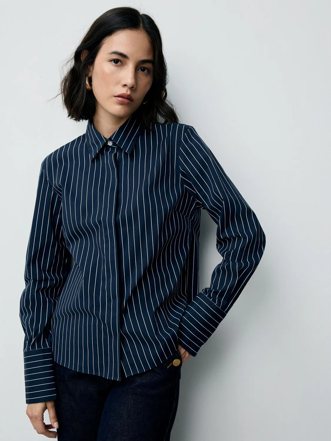 Рубашка приталенная с вытяжкой, Navy Blue Stripe Next