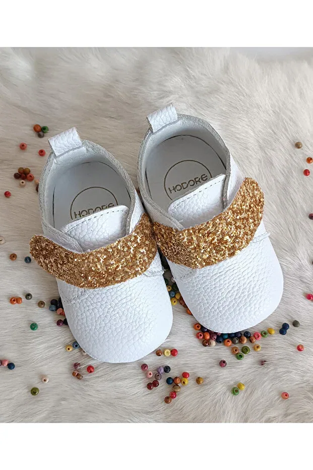 Детские кожаные пинетки для девочек с принтом Juno gold stone genuine leather baby shoes Hodore, Gold Stones