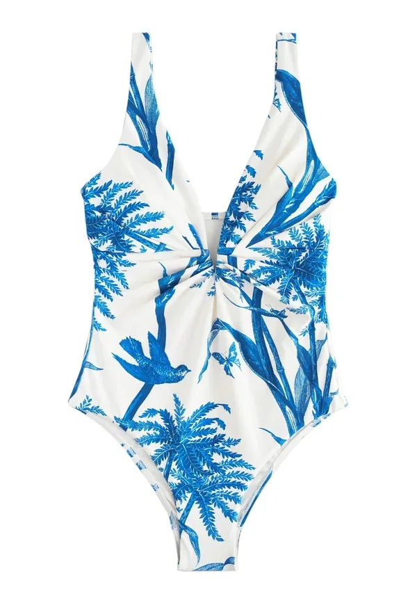 Купальник слитный с принтом Tall fit - plunge tummy control swimsuit Next, Cream Blue Floral, голубой