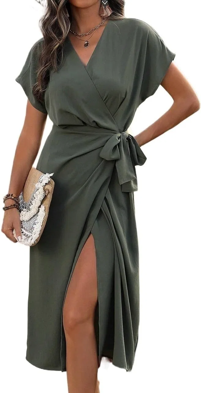Женское платье-трапеция с принтом, Cap Sleeve V Neck Wrap, армейский зелёный — фото 2