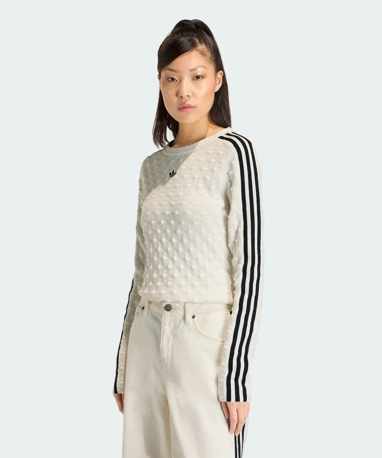 Женский свитшот с V-образным вырезом, длинным рукавом, модель Solid Spike Knit Adidas Originals, Белый — фото 3