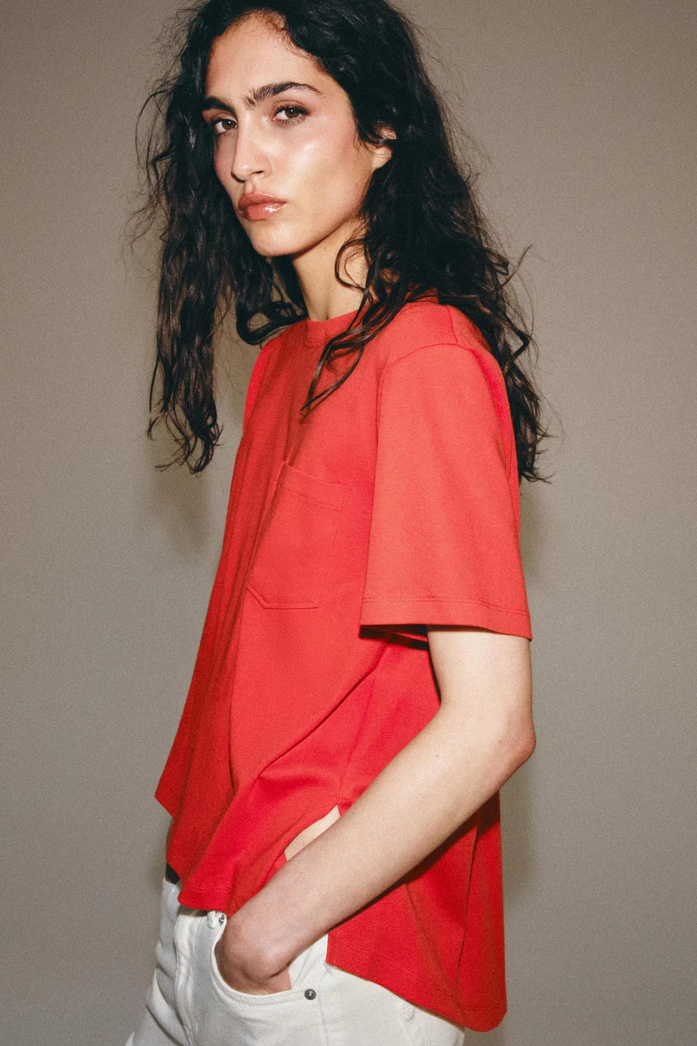 Футболка с карманом из ткани интерлок ZARA, Coral — фото 2