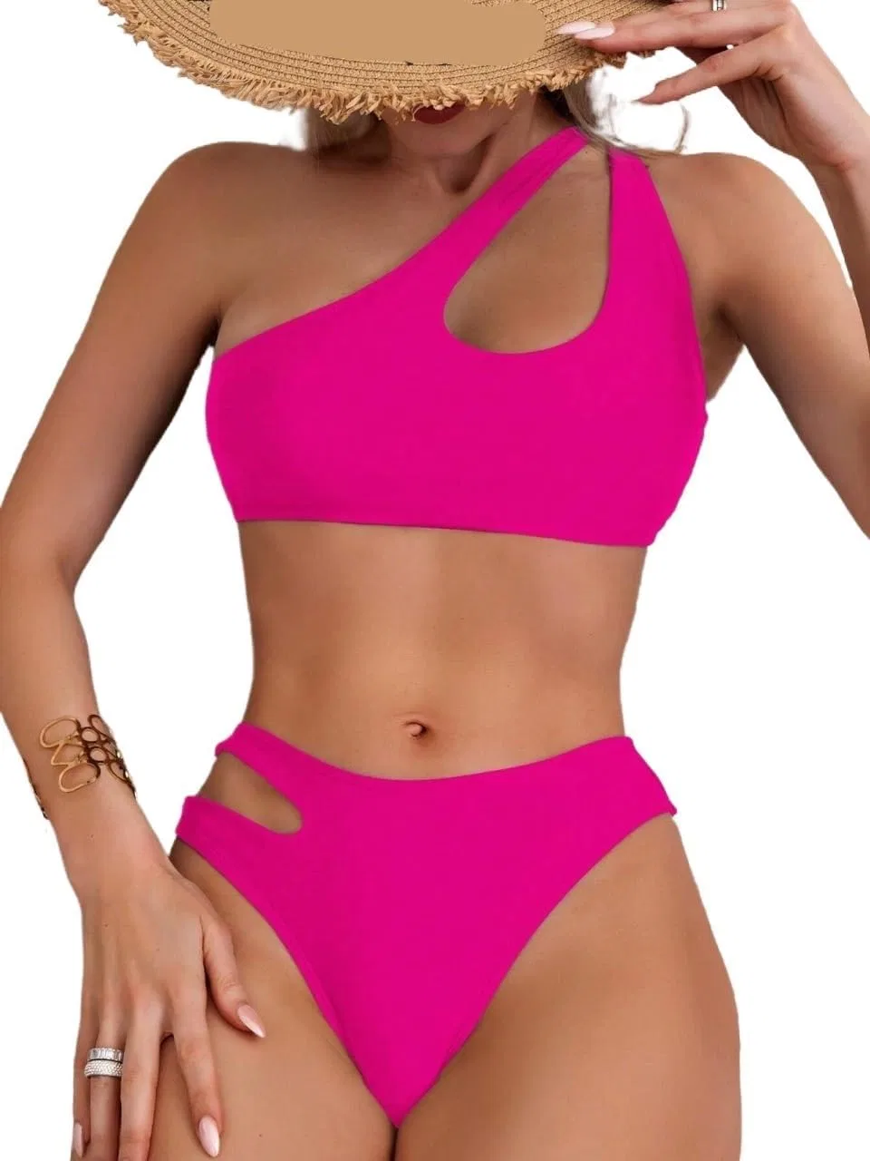 Женский бикини-сет с вырезами и асимметричным вырезом, Hot Pink