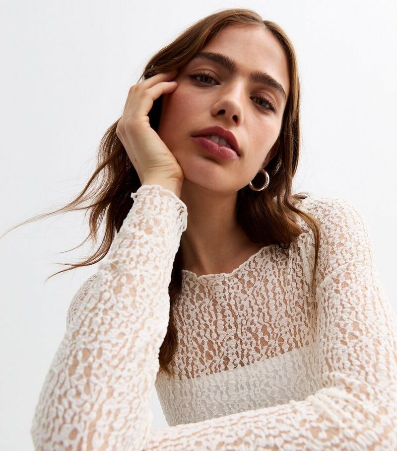 

Off White Кружевной топ с длинными рукавами New Look, белый