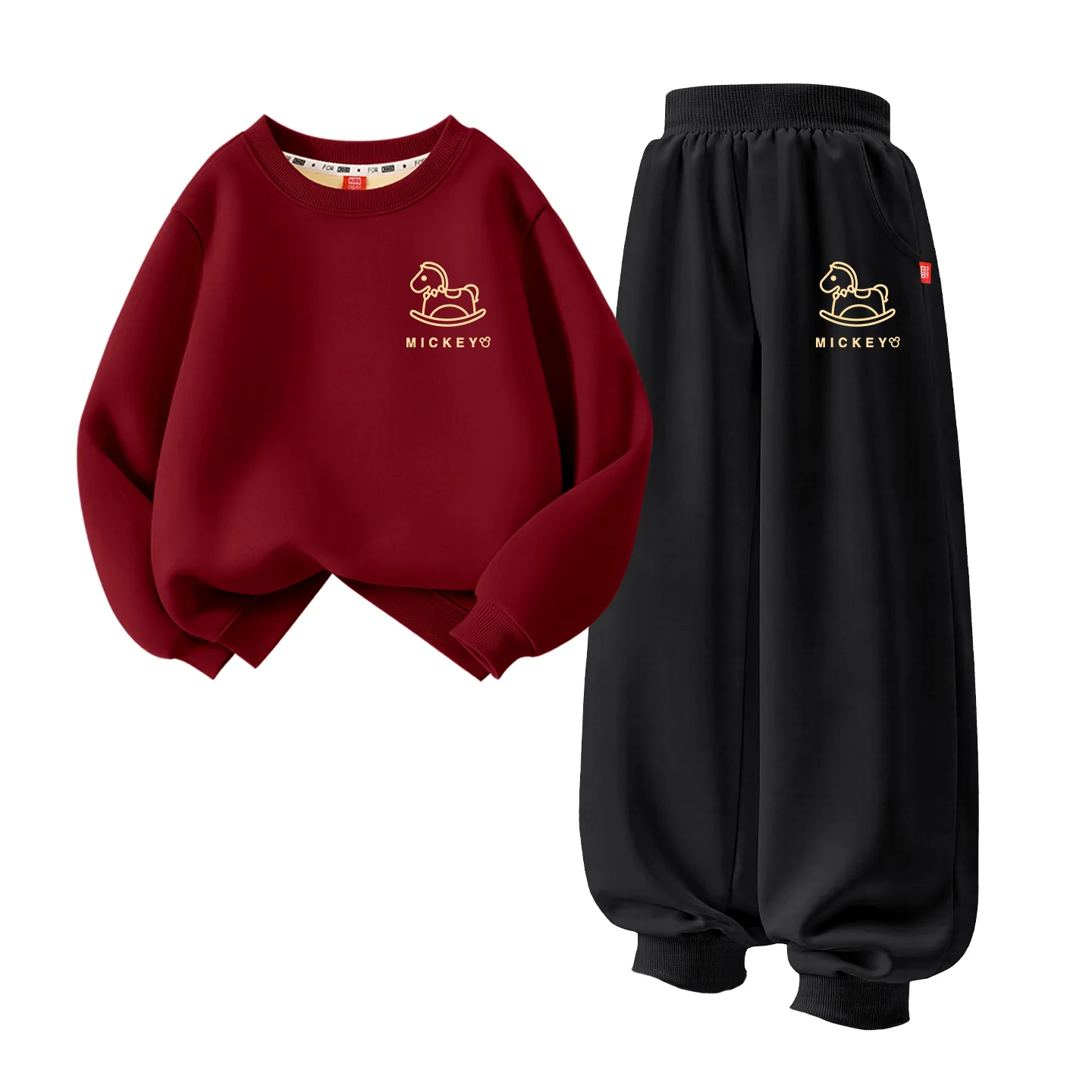 Детский спортивный костюм с круглым вырезом Disney, [Thickened and Fleece-Lined]Di Pony Qi K Burgundy+Di Pony Qi K Black
