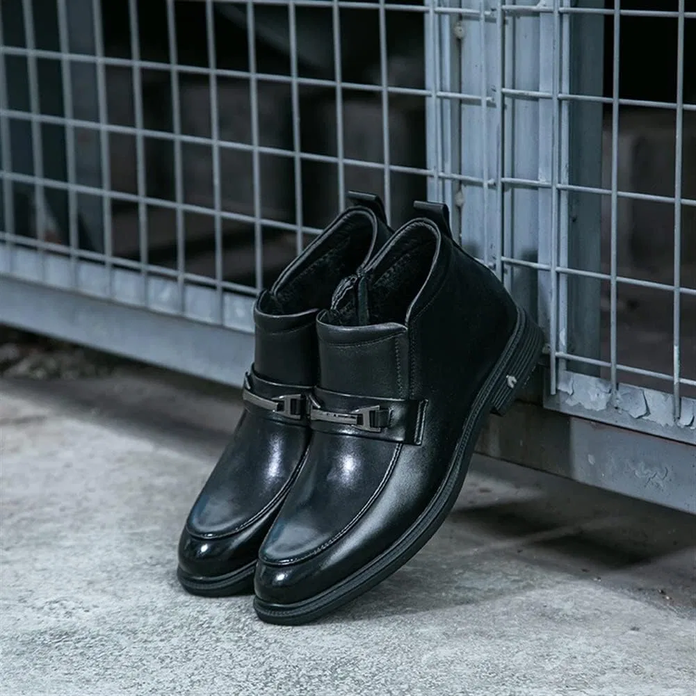 Мужские ботильоны «Челси» с закругленным носком, специальным креплением на мыске, боковой молнией, изготовлены из натуральной кожи, нескользящие, водонепроницаемые, для формального стиля Generic, Black — фото 4