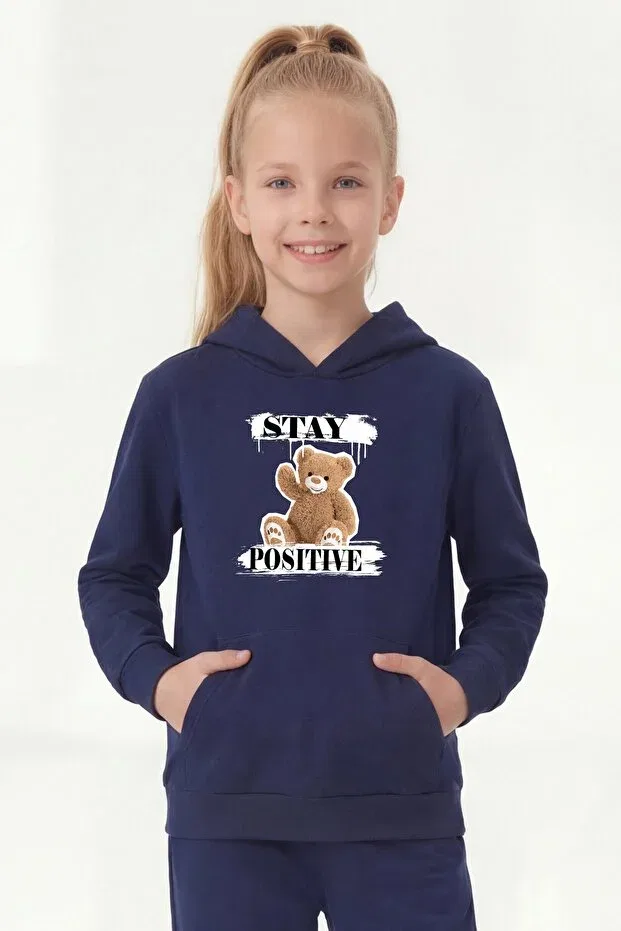 Детское худи с принтом Kangaroo pocket hooded print detailed girls' kangaroo top Panios Kids, Navy Blue — фото 3