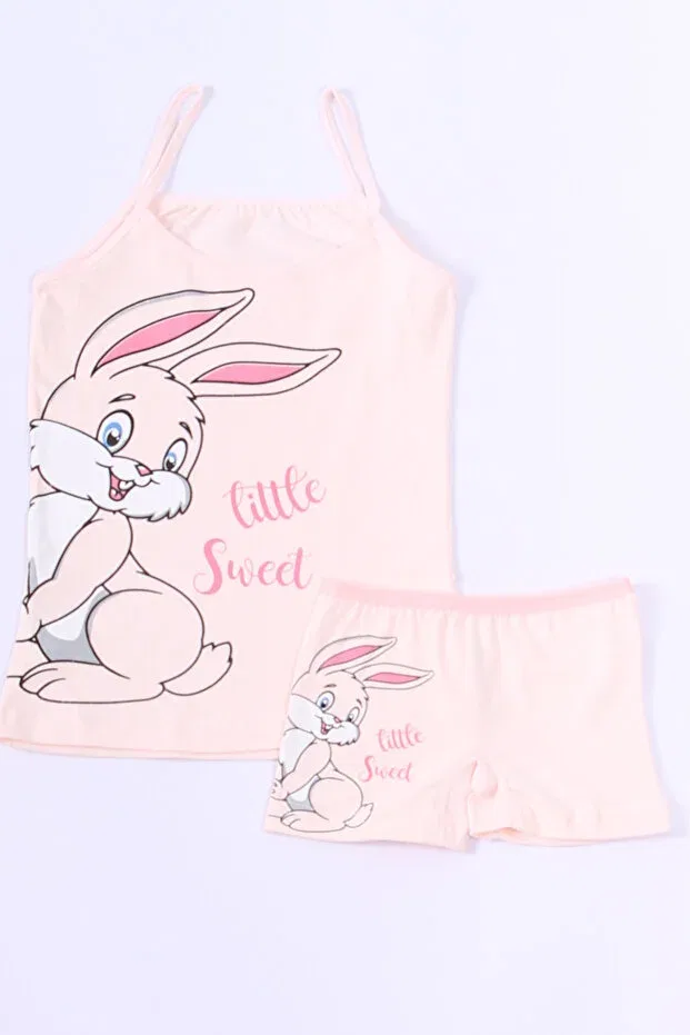 Детский комплект для девочек с принтом Rabbit Printed Rope Suspenders Shorts Set Dk Iç Giyim, Multicolor — фото 4