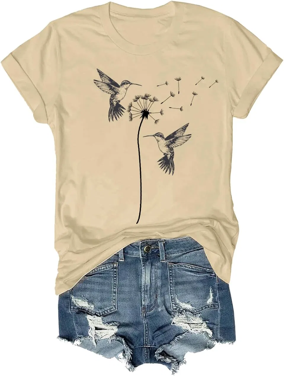 Футболка оверсайз с принтом Cute Dandelion Hummingbird, Khaki