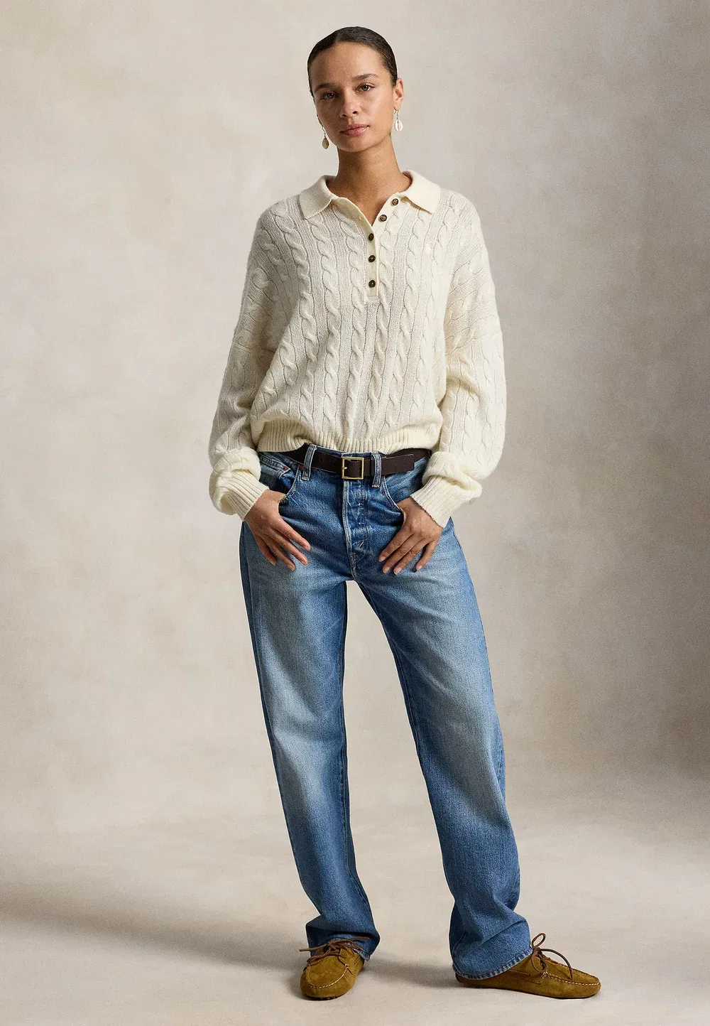 Свитер-Поло из шерсти и кашемира с косами Polo Ralph Lauren, Authentic Cream — фото 2