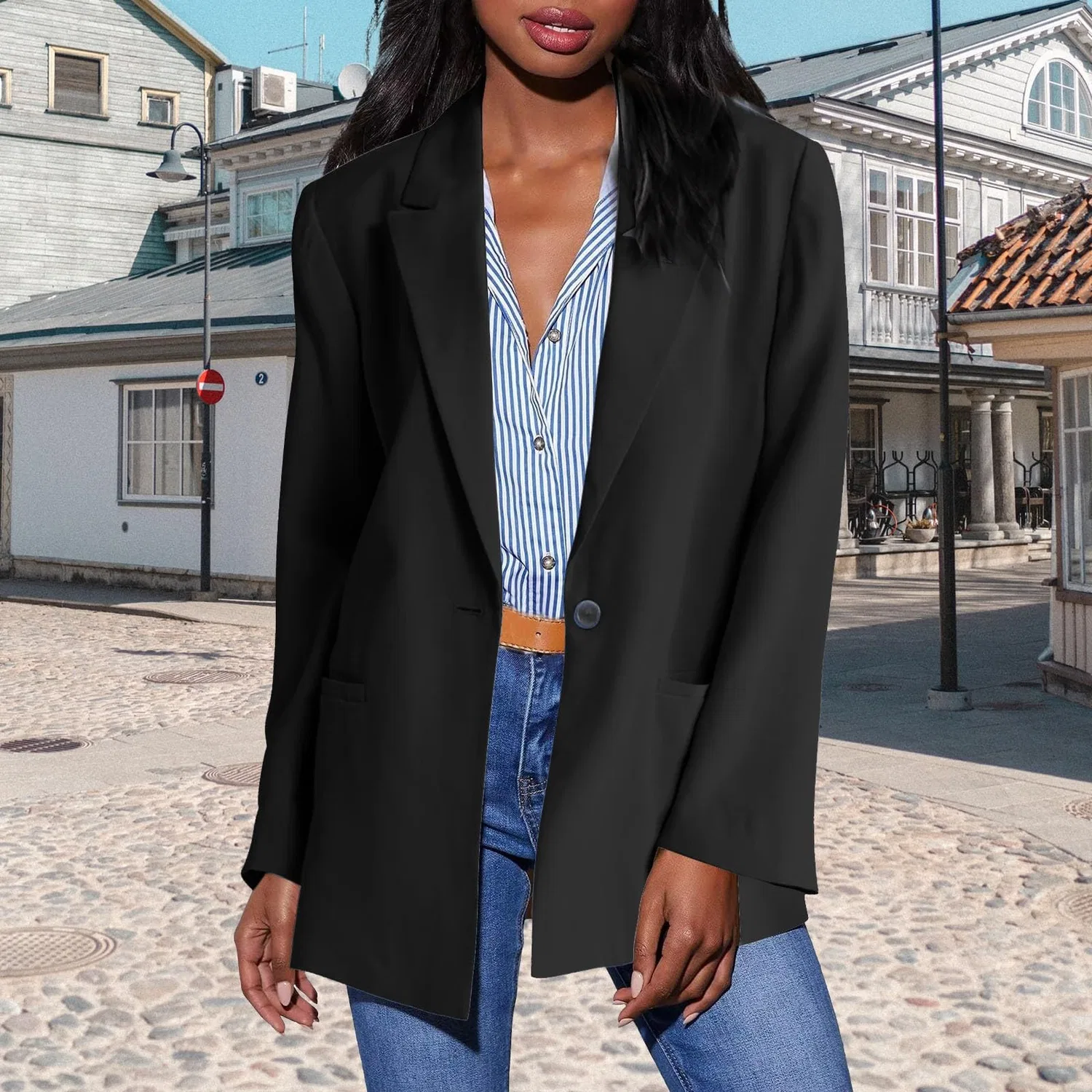 Женское утепленное пальто с воротником Women Blazer Long Sleeve Button Down Jacket, Black — фото 2