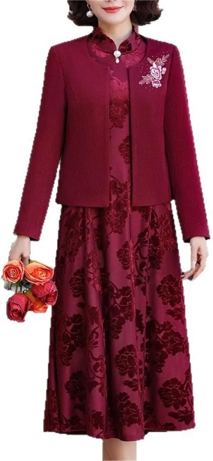 Женский комплект из кардигана и платья с вышивкой Generic, Wine Red