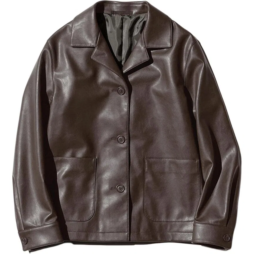 Женское кожаное пальто с лацканами, прямой крой, UNIQLO, 39 Brown Black