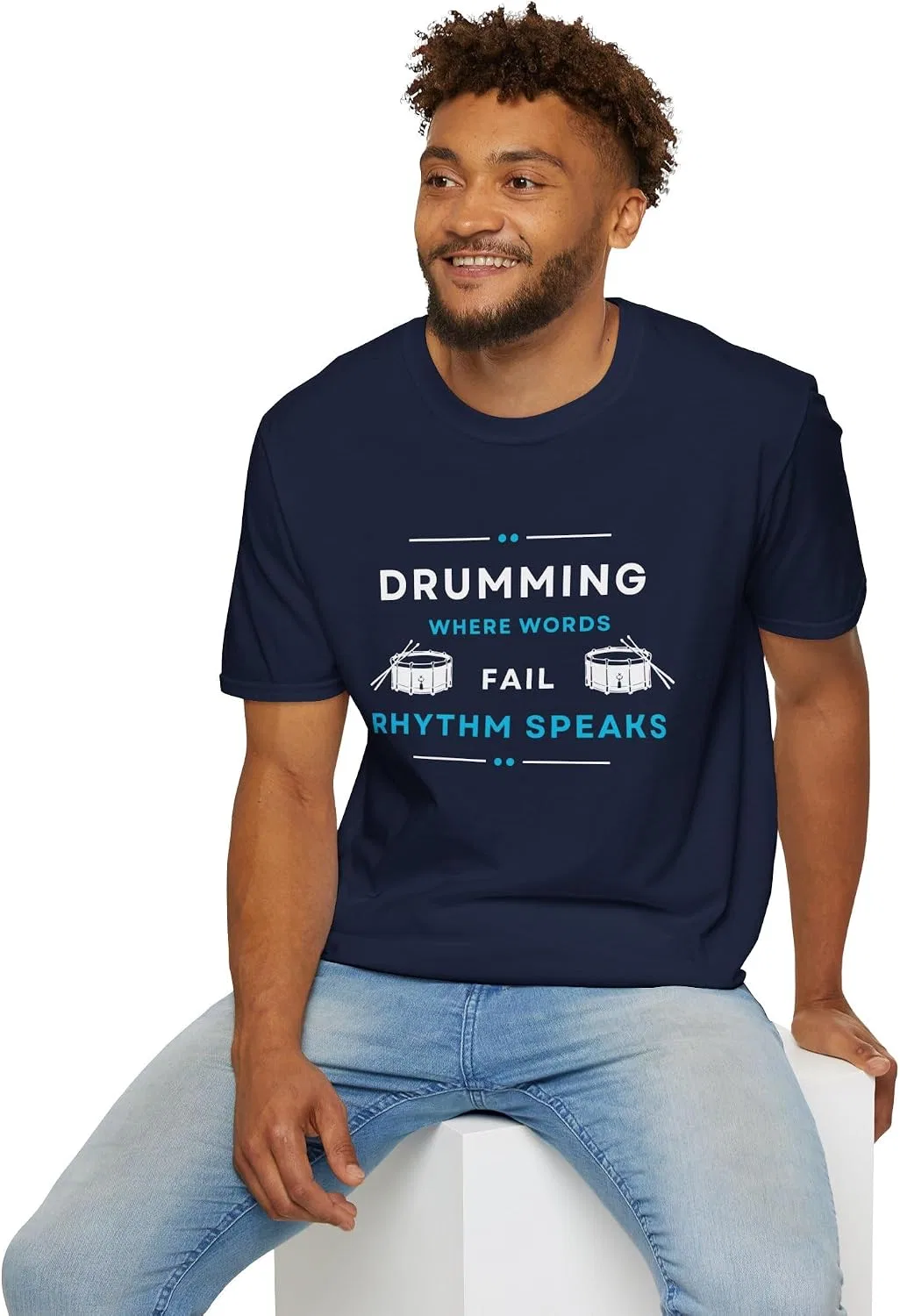 Футболка с принтом Drumming Where Words Fail Gildan, Navy — фото 4