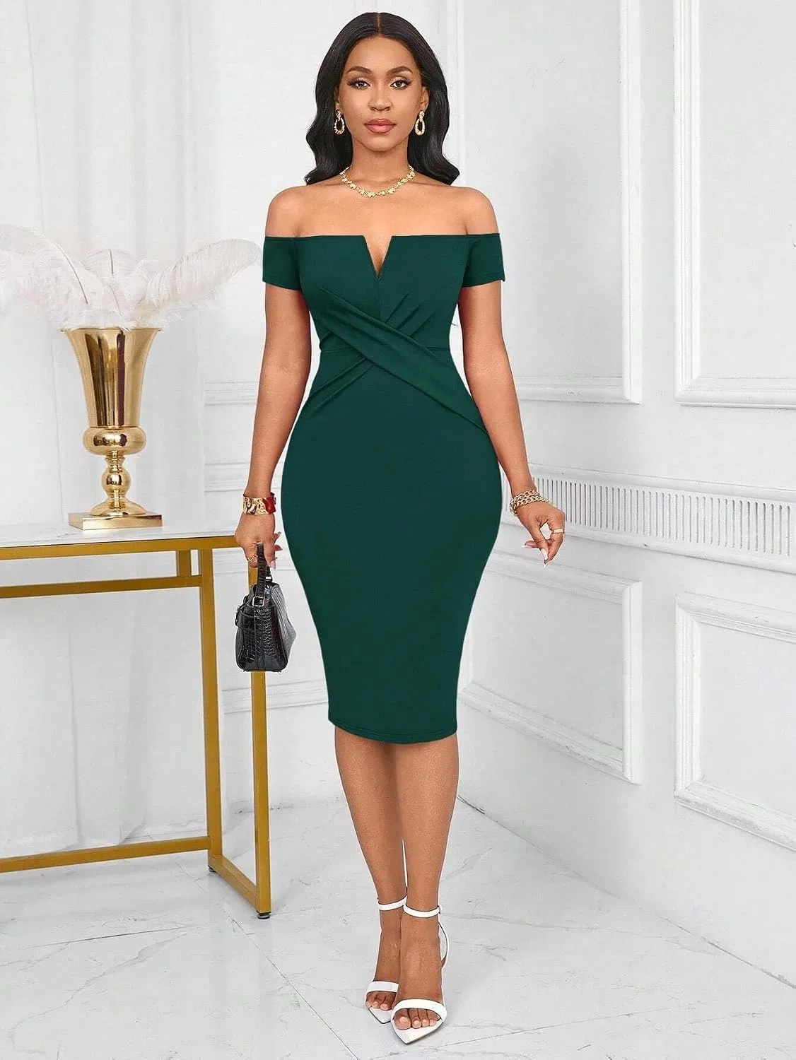 Женское облегающее платье с запахом офф-шолдер Bodycon, Green — фото 3