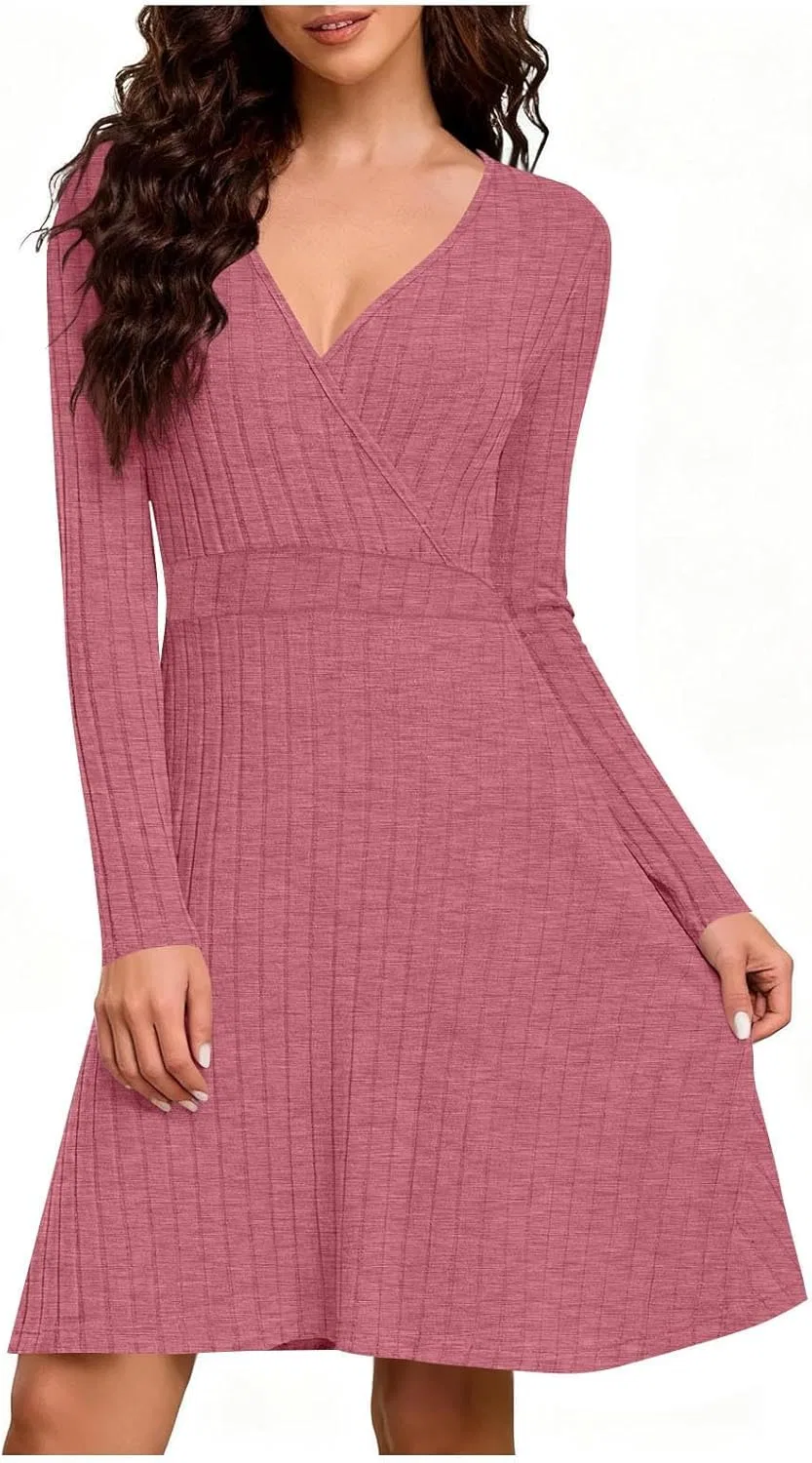Женское трикотажное платье миди с V-образным вырезом, Hot Pink — фото 4