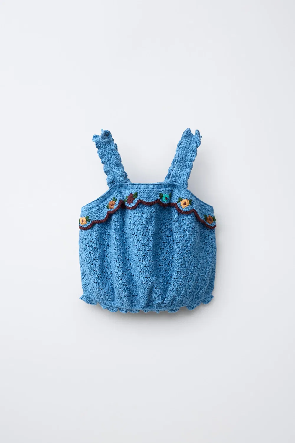 Вязаный топ с оборками и вышивкой из смеси хлопка и льна. ZARA, Bluish