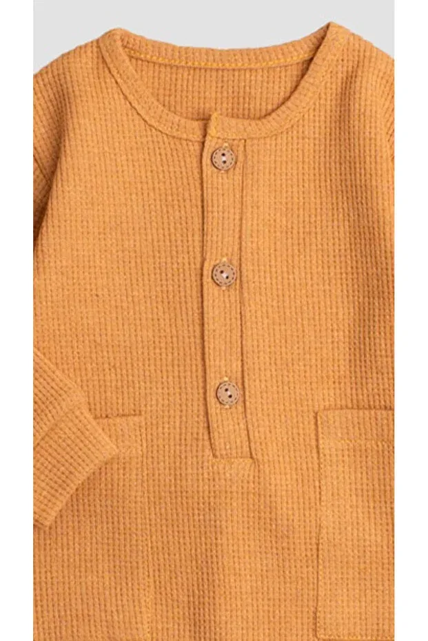 Детский комбинезон для девочек хлопковый Waffle visual wooden button cotton baby romper Chicsy Baby, Hardal — фото 4