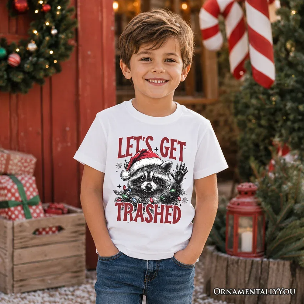 Детская футболка с принтом Let’s Get Trashed Christmas Raccoon OrnamentallyYou, White — фото 2