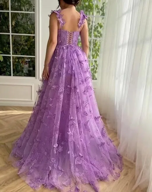 Женское вечернее платье с 3D бабочками и кружевной аппликацией, Lavender — фото 3
