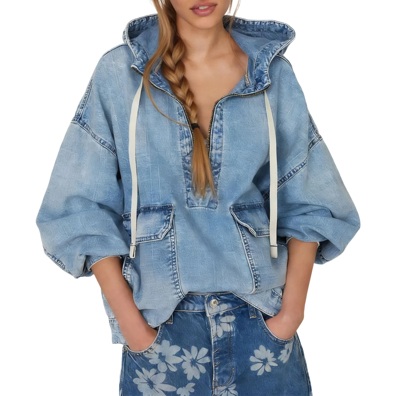 Женская джинсовая куртка oversize с полузамком и карманами, Blu