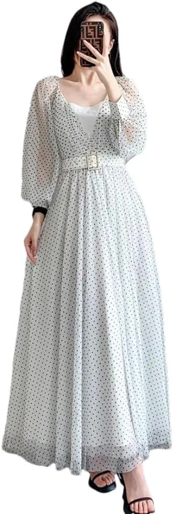 Женское пляжное платье миди с горошком Chiffon, White