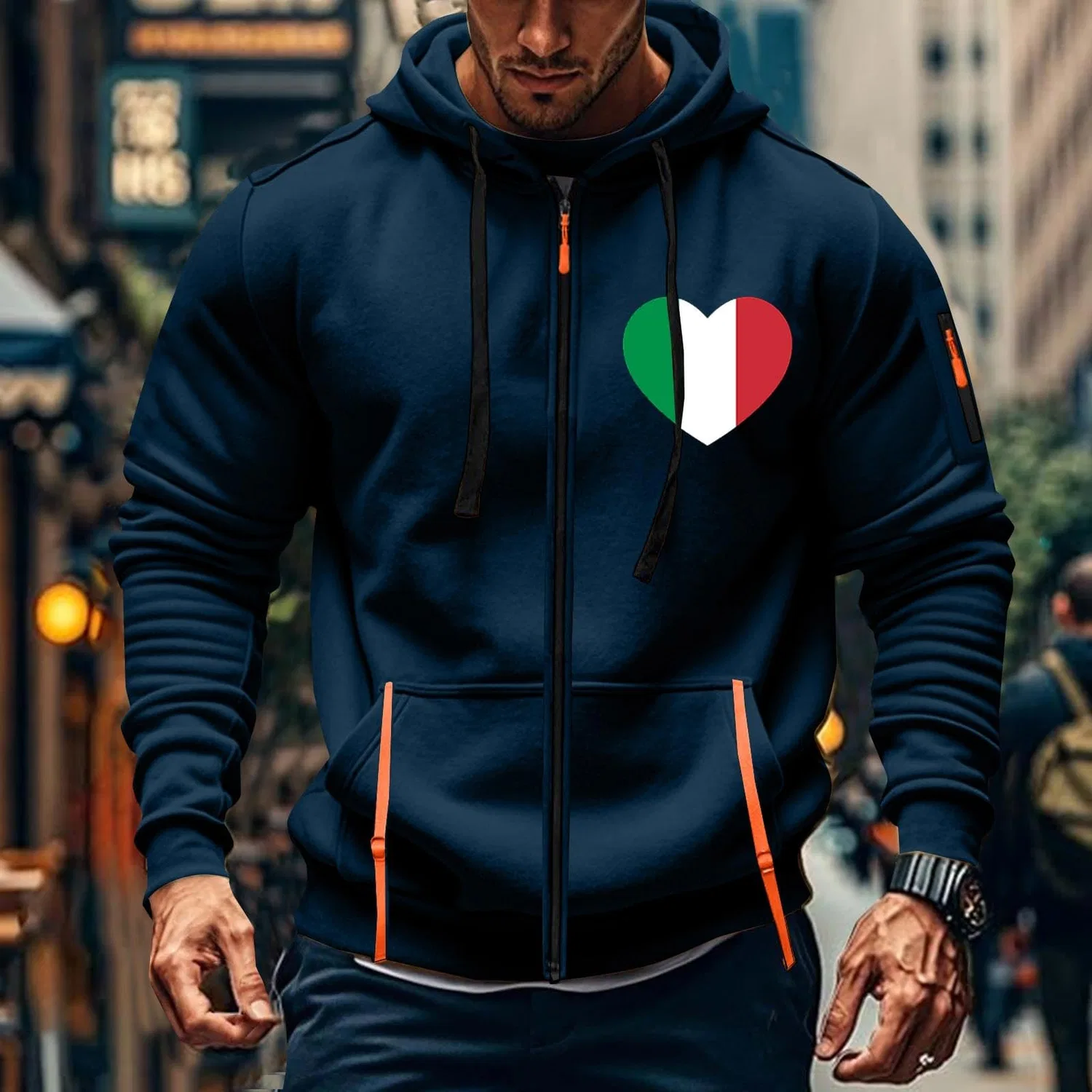 Мужская худи с капюшоном на молнии Italian Flag с принтом, Vintage, Z01-navy Uomo Quarter Zip Felpa Con Cappuccio — фото 2