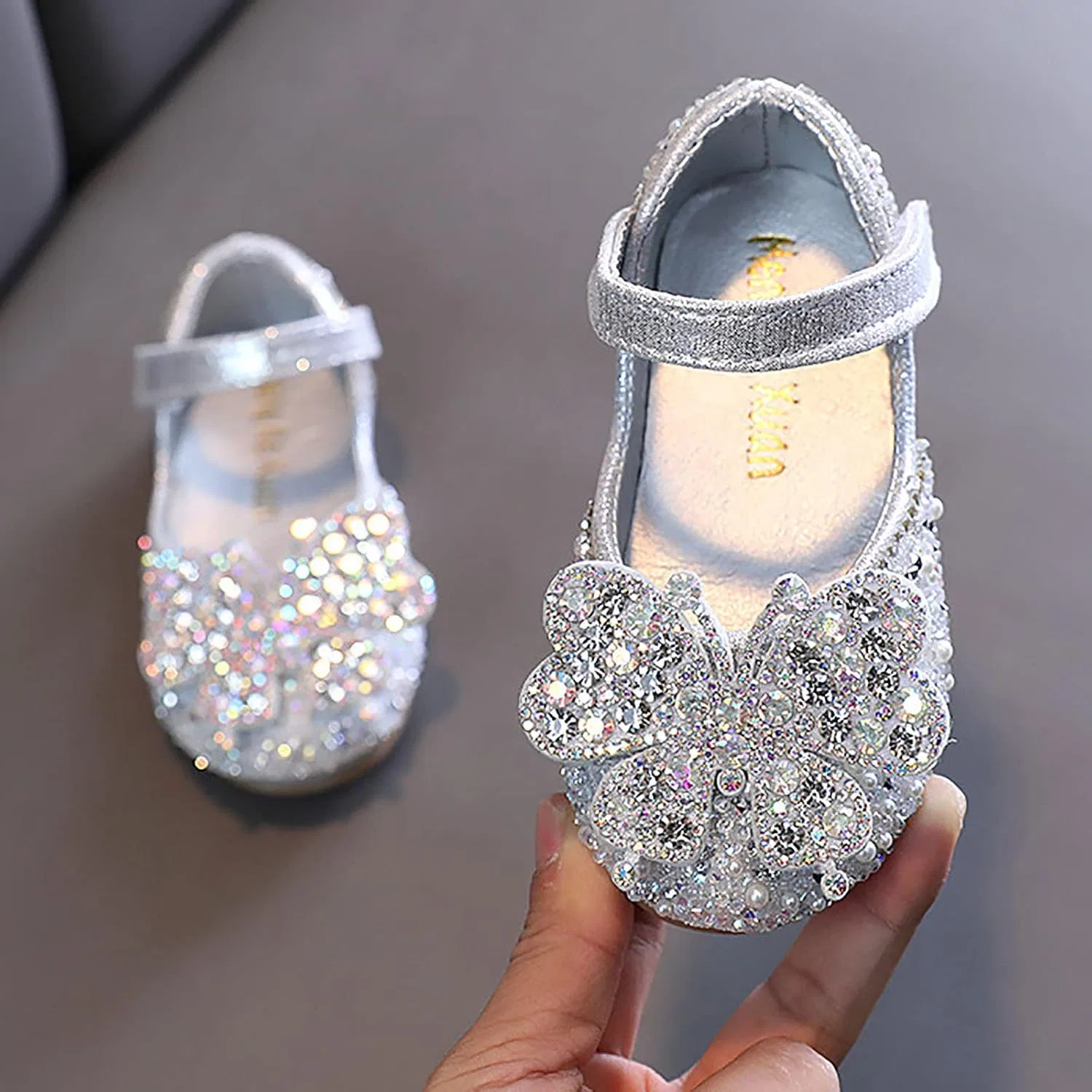 Детские туфли-балетки для девочек с принтом Rhinestones Bow Mary Jane Dress Shoes Flower Wedding Shoes Glitter Sequins Princess Ballet Flats, Silver — фото 2