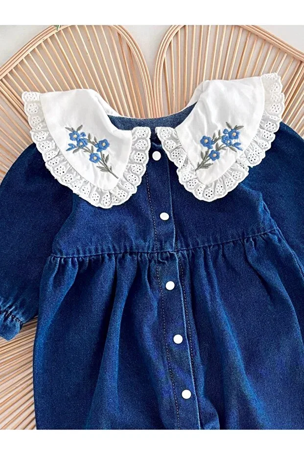 Детский комбинезон для девочек джинсовый Jena jean premium vintage collar embroidered lace piece Jammybaby, Denim — фото 3