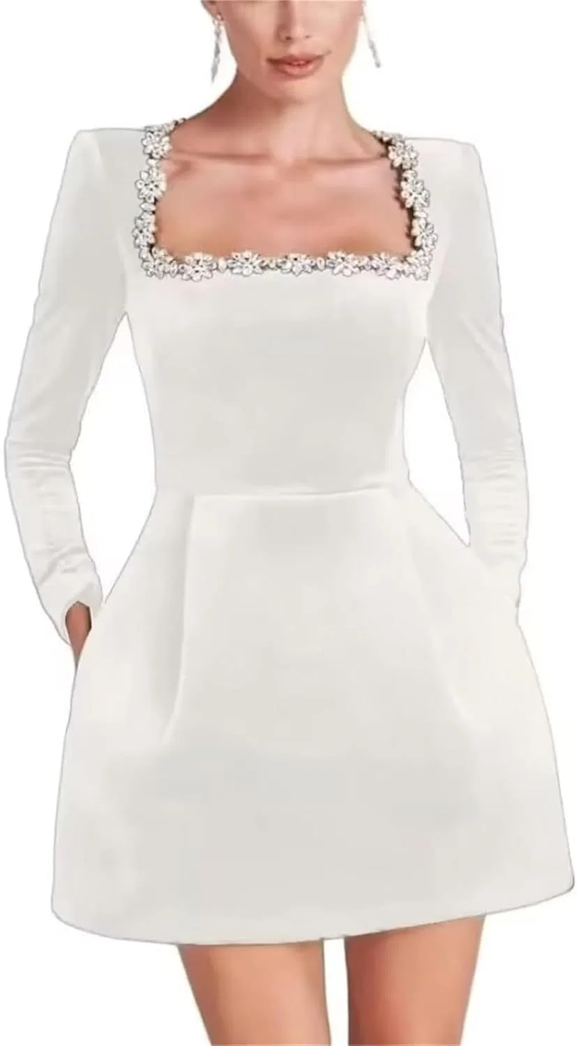 Женское вельветовое платье с кристаллами Crystal Square Neck, White