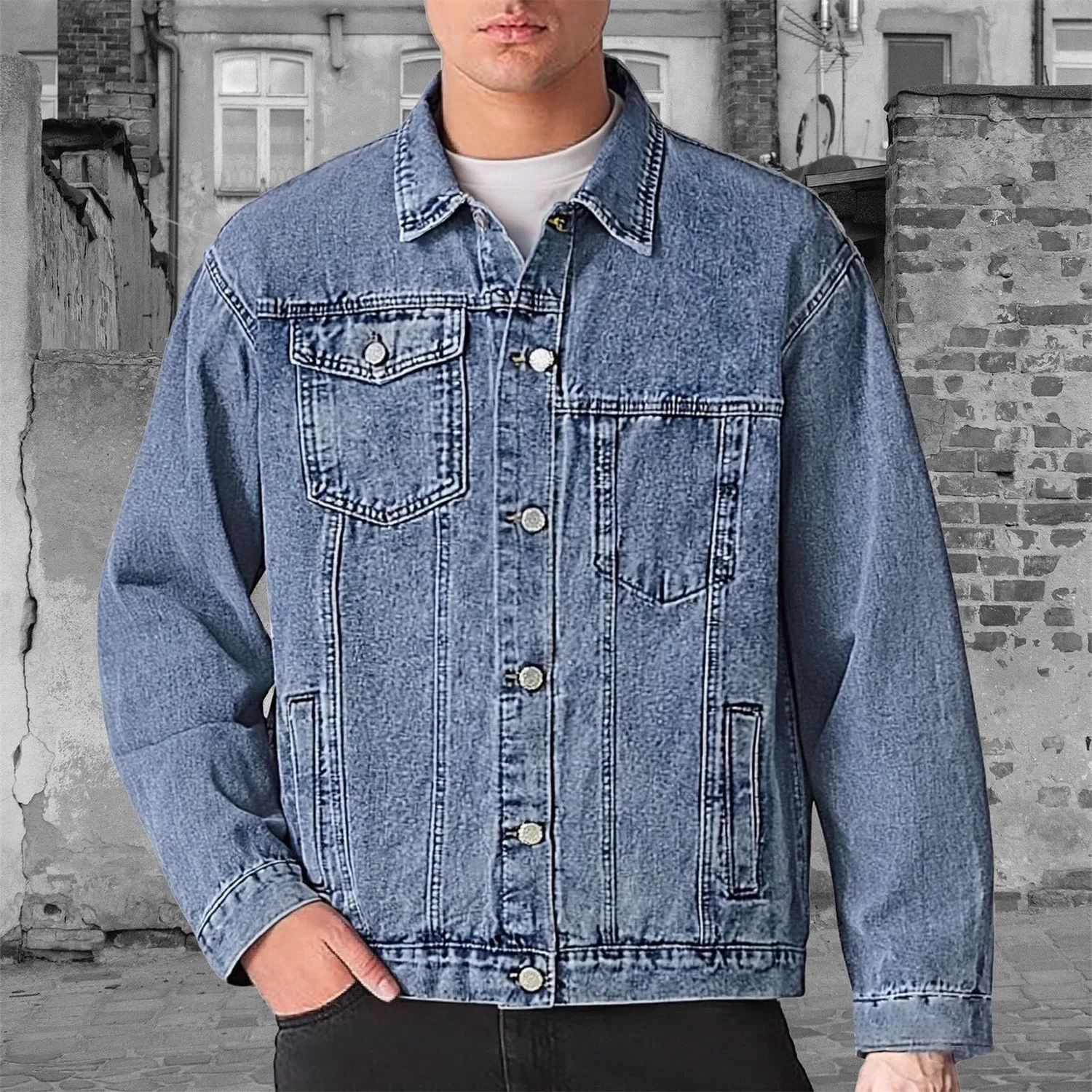 Мужская джинсовая куртка с потертостями и длинным рукавом, Z11-blue Denim Giacca Uomo — фото 2