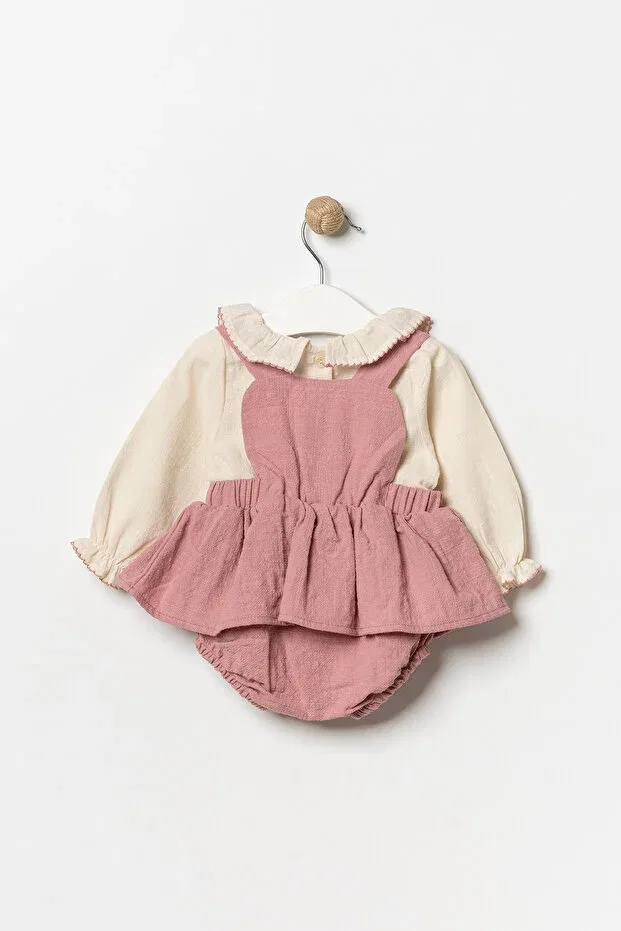 Детский комбинезон для девочек с длинным рукавом Embroidery detailed holiday dress for baby girls with shirt, salopet dress Minipodyum, Powder — фото 4