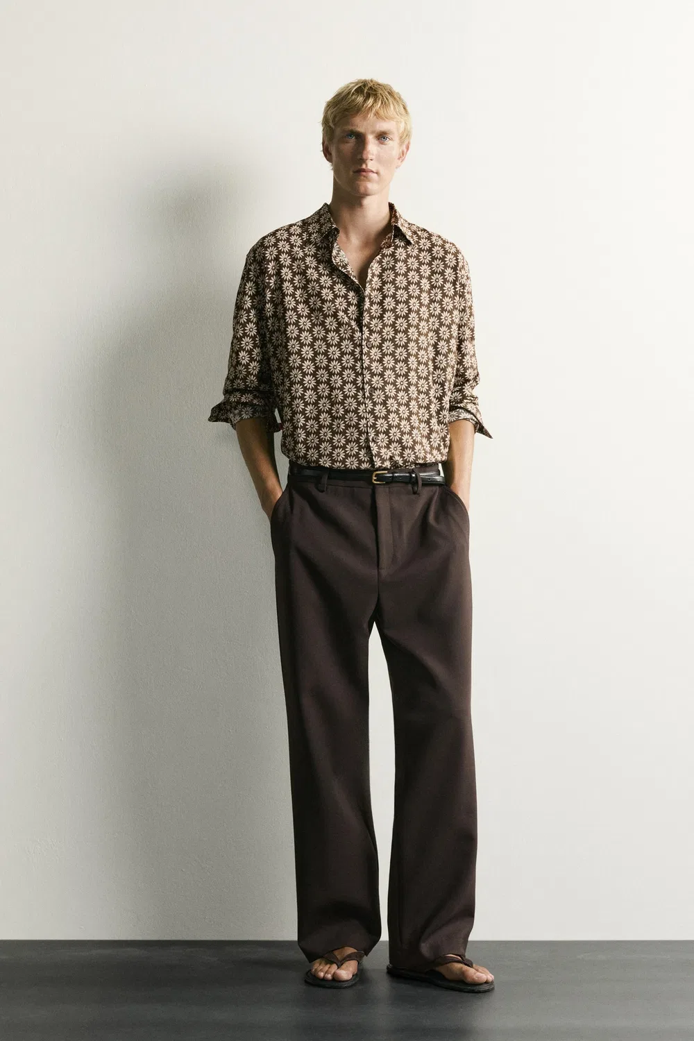 Рубашка с принтом струящихся ромашек ZARA, Dark brown