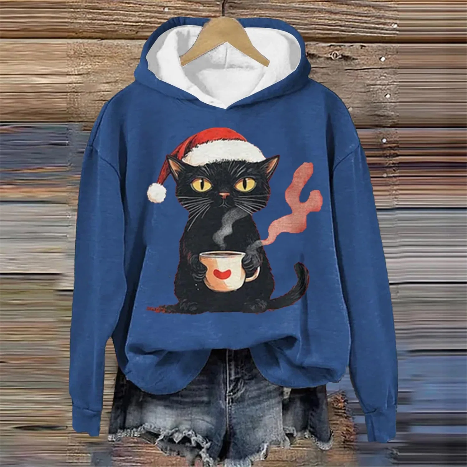 Женский свитшот с принтом Christmas Tree Funny Cat Say What Woman Pullover, Z21 Blue — фото 2