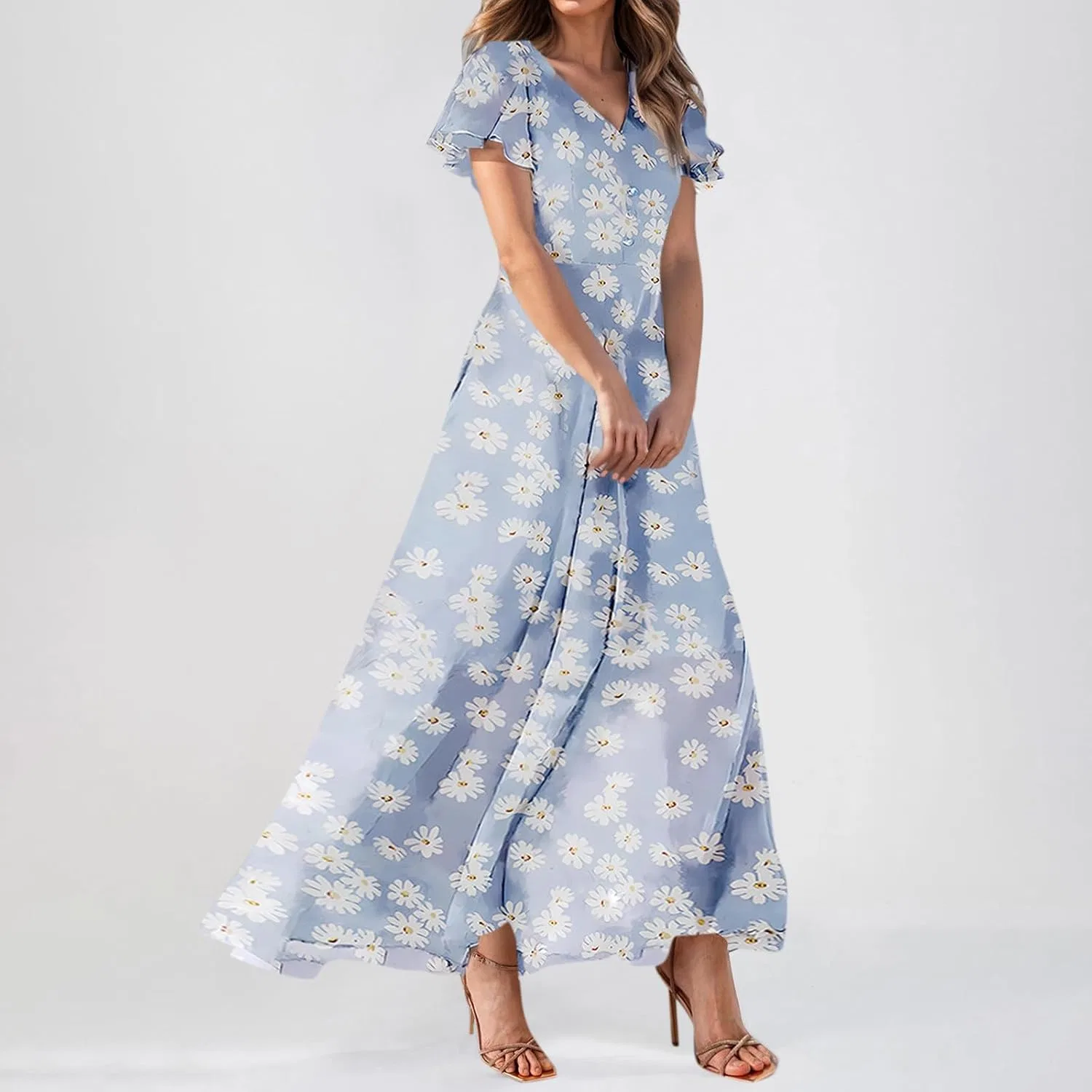 Женское платье макси с цветочным принтом Chiffon, Light Blue — фото 2