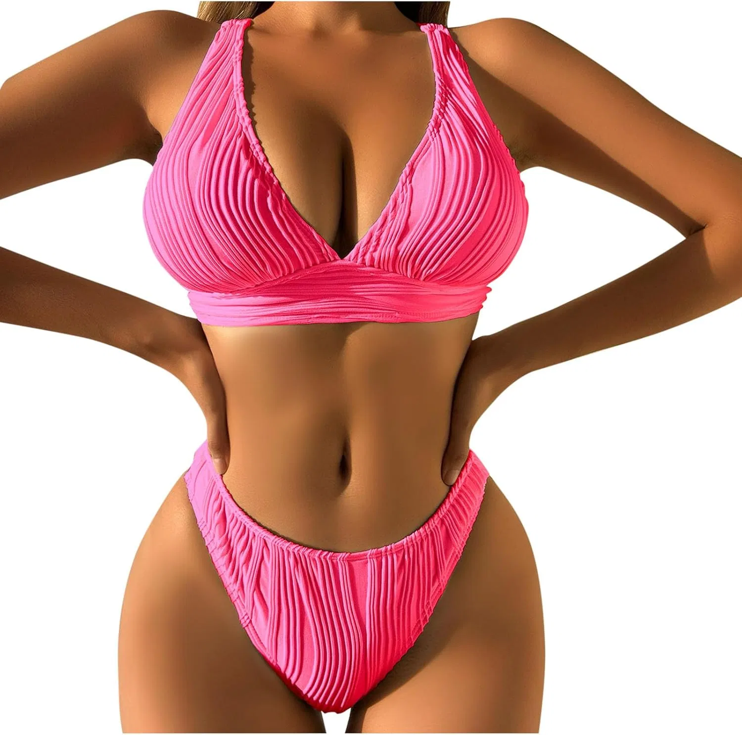 Женский бикини-сет с глубоким V-вырезом и завышенной талией, Hot Pink