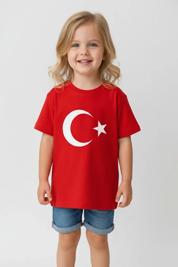 Детская футболка с принтом Red Unisex T-Shirt With Turkish Flag And Crescent And Star Sibel Günay Butik, Red
