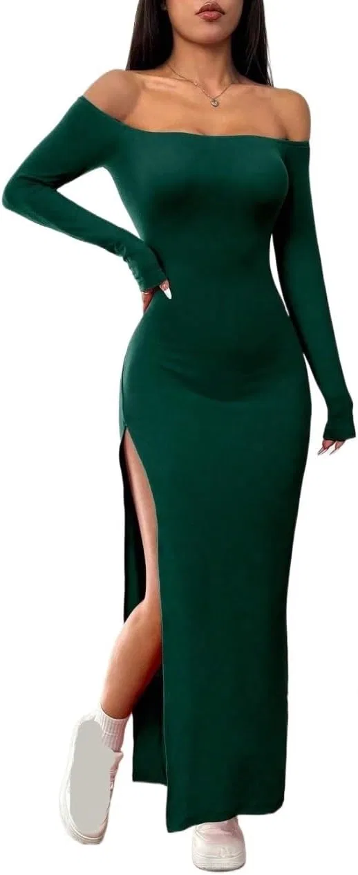 Женское сексуальное платье макси с открытыми плечами, Dark Green