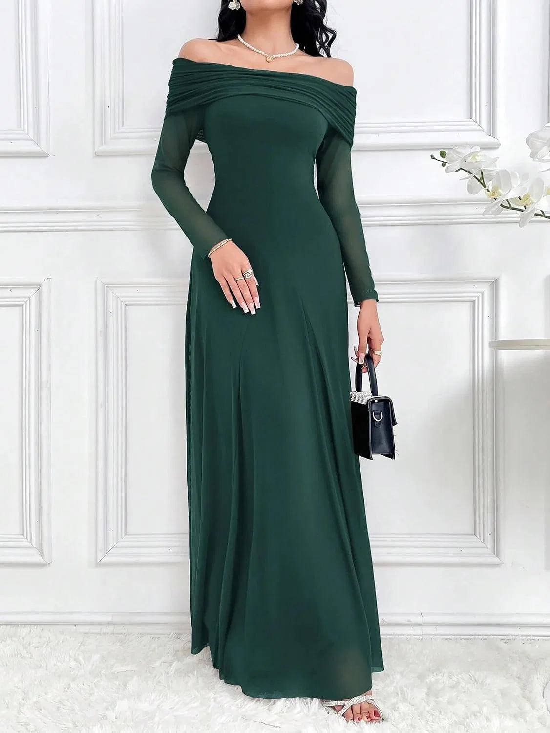 Женское A-силуэта макси-платье офф-шолдер с длинным рукавом, Dark Green — фото 4