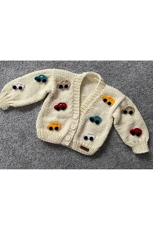 Детский кардиган с животным принтом Hand knitted car-themed baby kids cardigan El Örgüsü, Cream