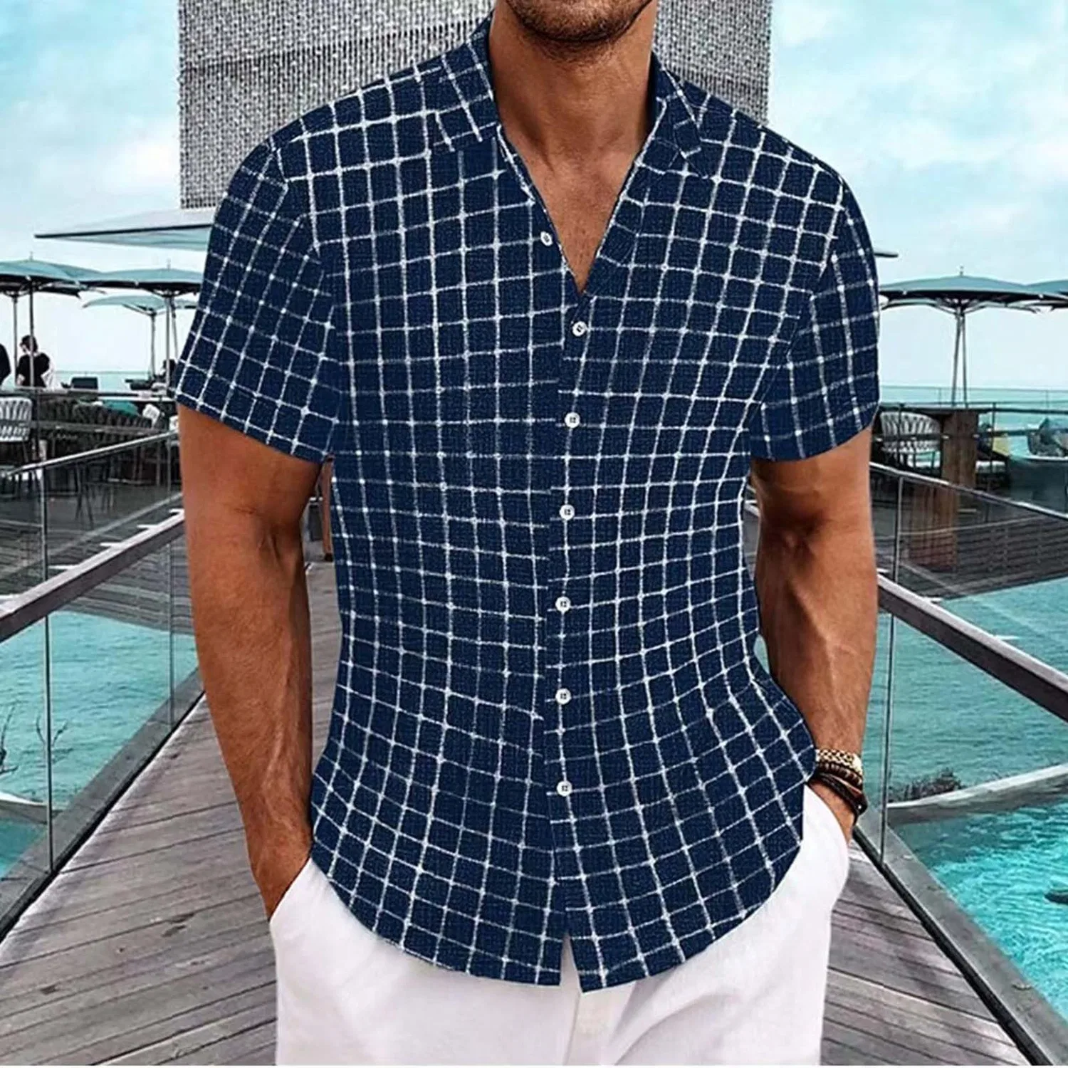 Мужская рубашка с коротким рукавом в клетку Slim Fit, Navy — фото 2