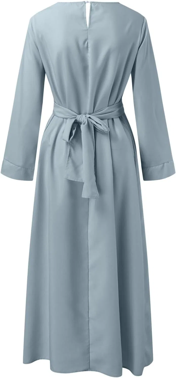 Женская молитвенная абайя макси с завязкой на талии, Light Blue — фото 4